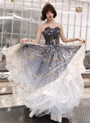 A-line Blue Tulle Long Party Dress with Lace-up, Blue Evening Dress Prom Dress