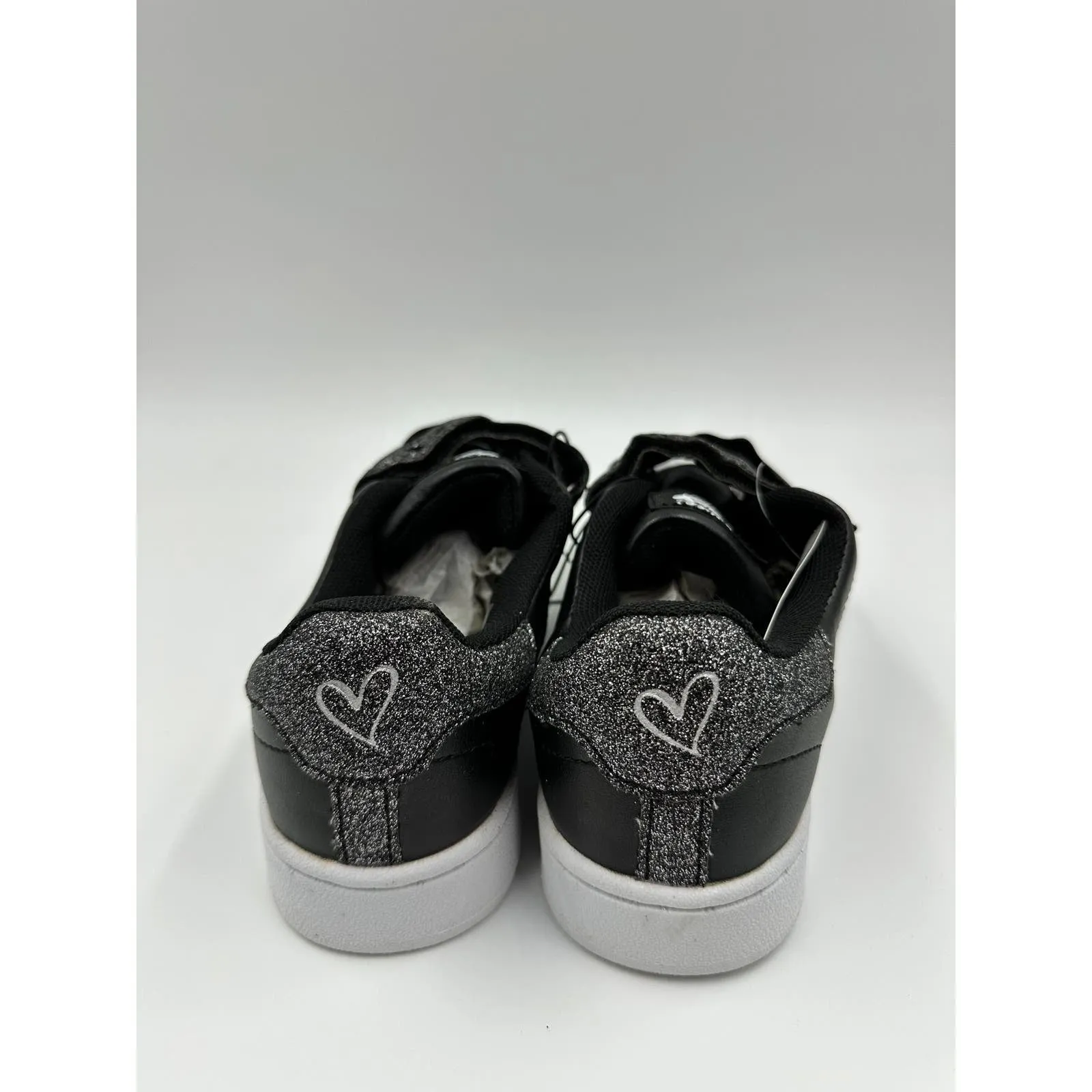 Big Kid Size 4, Black Sneakers with White Toe and Straps with Some Heart Details