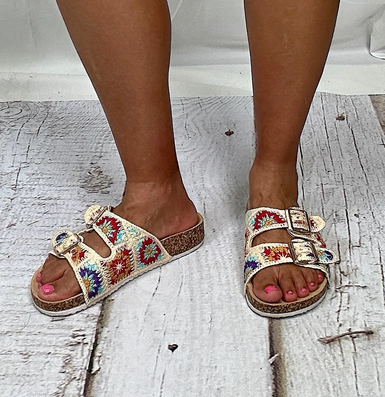 Cork Sole Buckle Crochet Strap Sandals