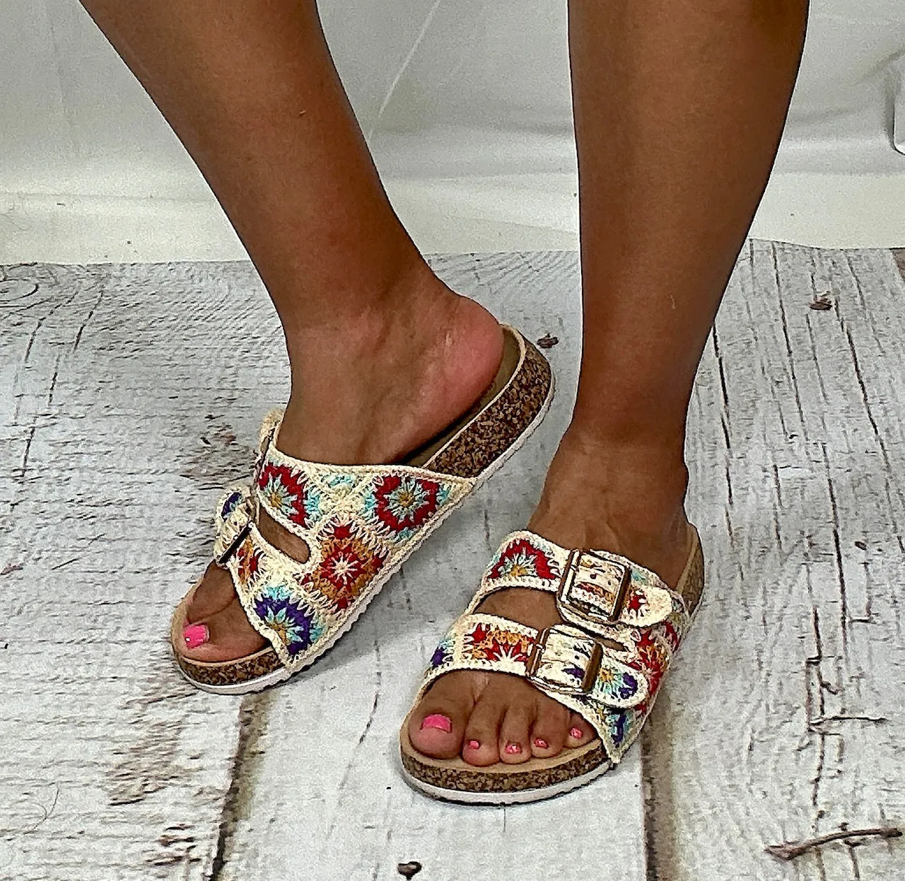 Cork Sole Buckle Crochet Strap Sandals