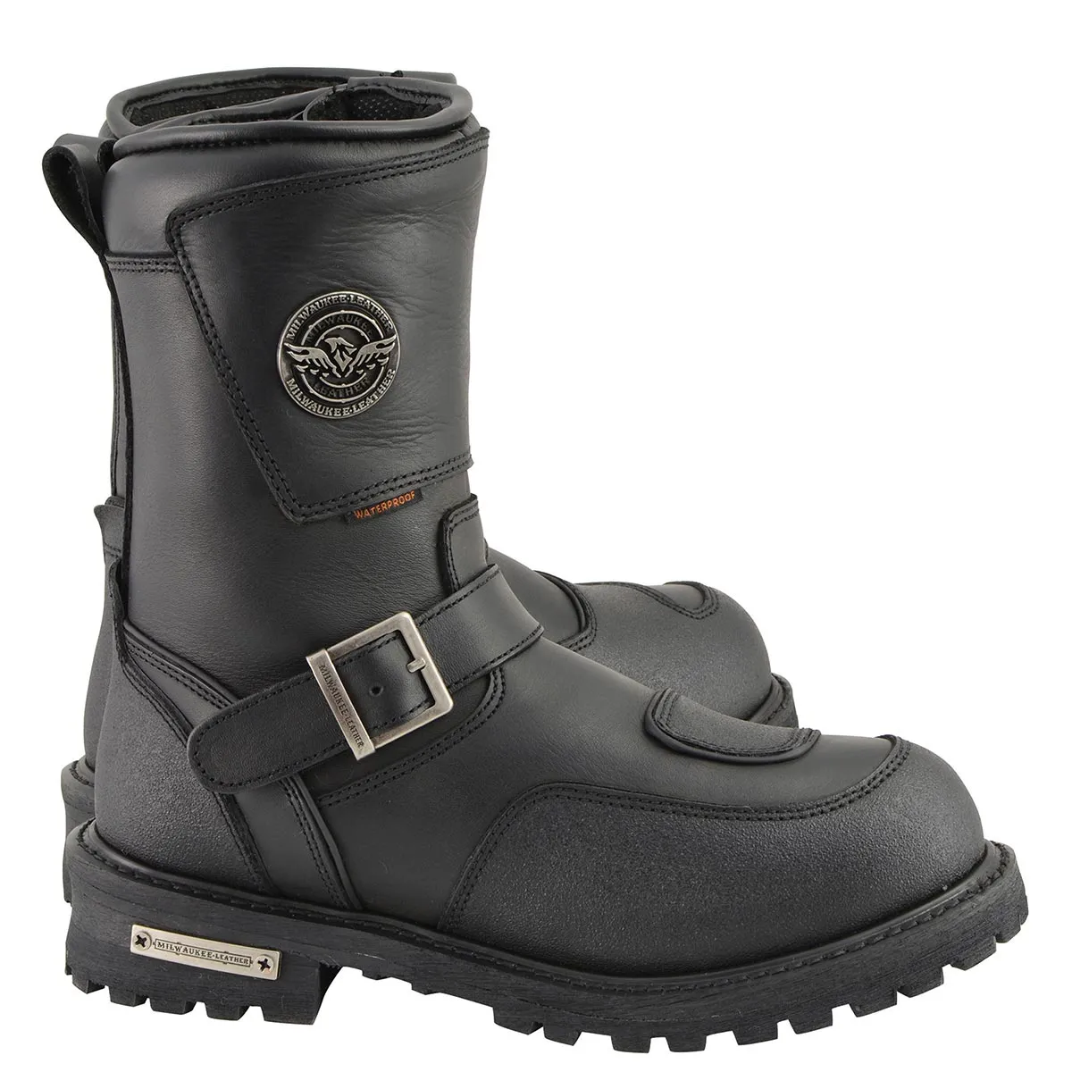 Milwaukee Leather MBM9071WP Men's Black 'Wide Width' 9-inch Waterproof Engineer Leather Boots with Reflective Piping