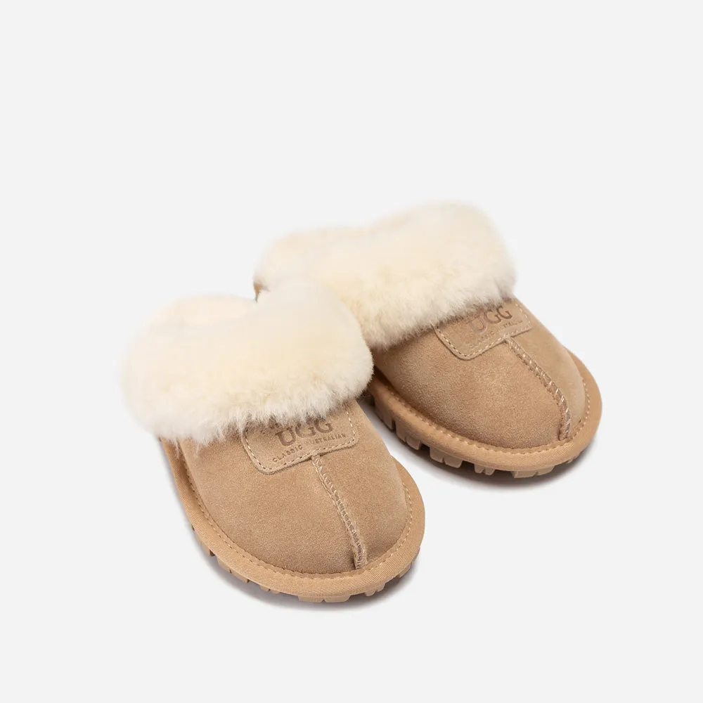 Ugg Kids Coquette Slipper (Cow Suede)(Elastic Logo & Wool Strap)(Detachable Feature)