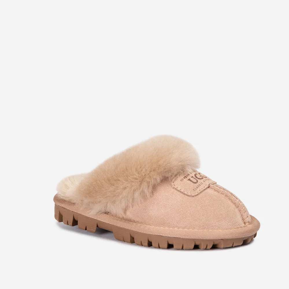 Ugg Kids Coquette Slipper (Cow Suede)(Elastic Logo & Wool Strap)(Detachable Feature)