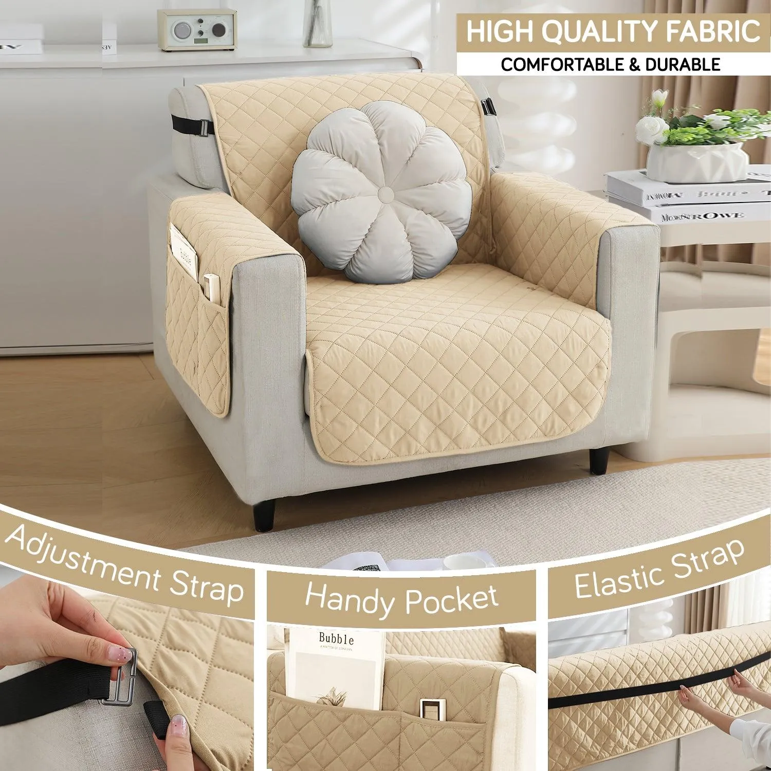 Waterproof & Quick-Dry Quilted 1/2/3-Seater Sofa Cover with Pockets on Armrest, Beige