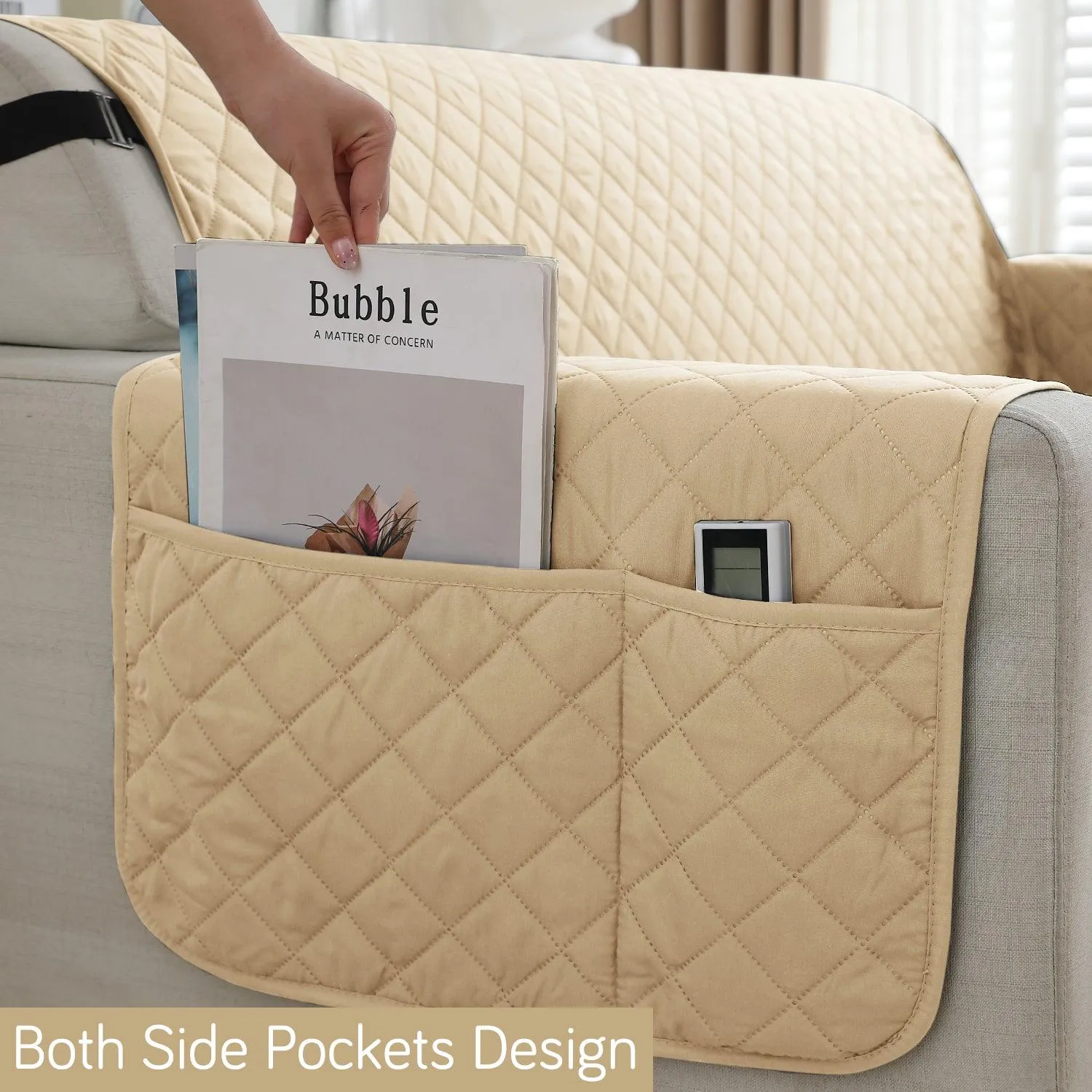 Waterproof & Quick-Dry Quilted 1/2/3-Seater Sofa Cover with Pockets on Armrest, Beige