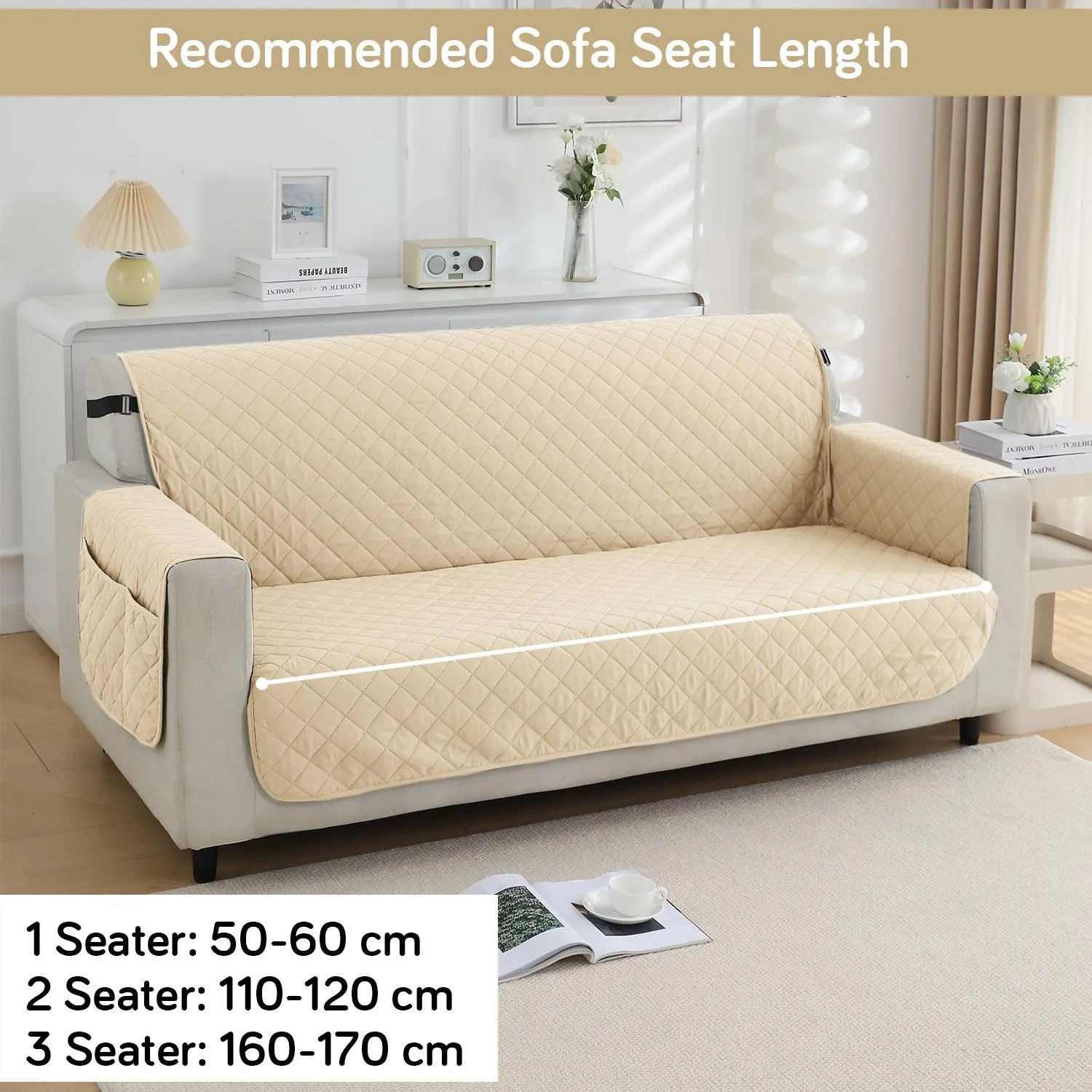 Waterproof & Quick-Dry Quilted 1/2/3-Seater Sofa Cover with Pockets on Armrest, Beige