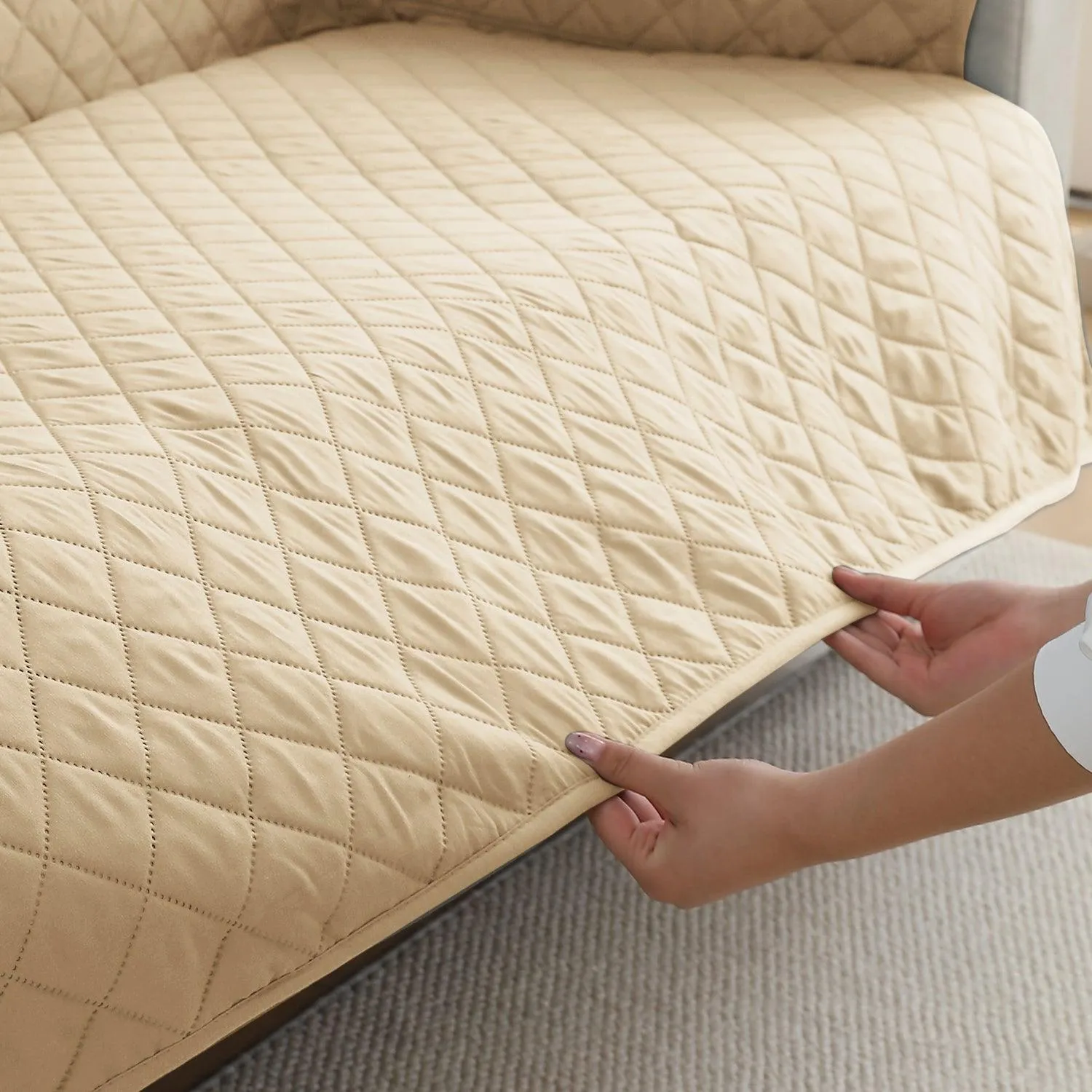 Waterproof & Quick-Dry Quilted 1/2/3-Seater Sofa Cover with Pockets on Armrest, Beige