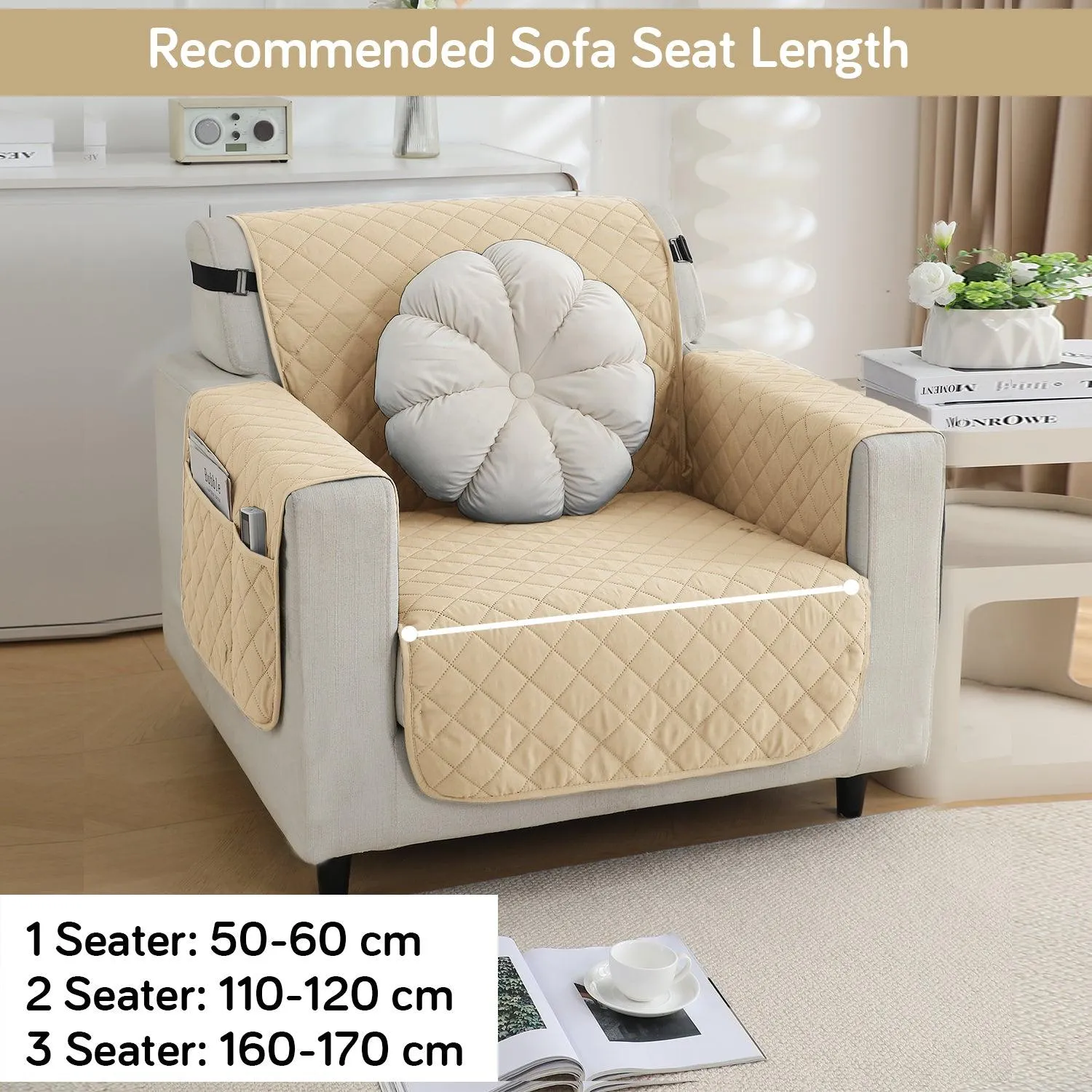 Waterproof & Quick-Dry Quilted 1/2/3-Seater Sofa Cover with Pockets on Armrest, Beige